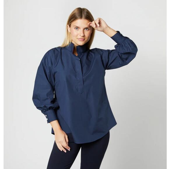 ANN MASHBURN Anaya Popover Shirt Navy Blue Poplin Cotton Sz M {3P40}